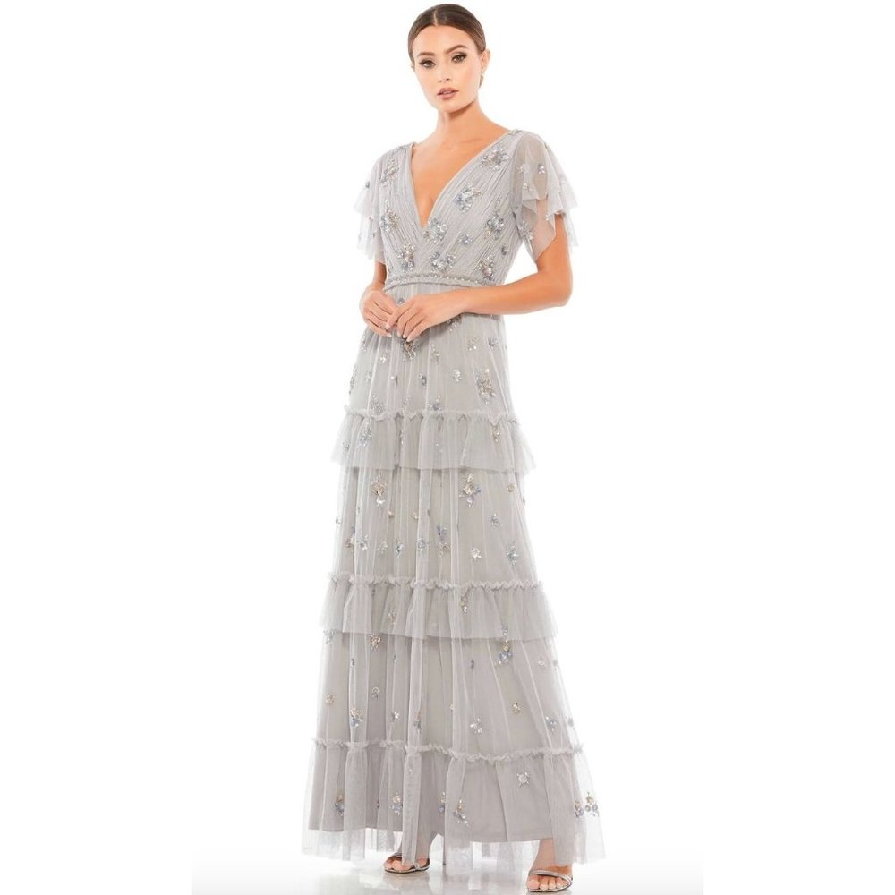MAC DUGGAL Sequin Tiered Flutter Sleeve Floral Beaded Dress Gown Size 2
